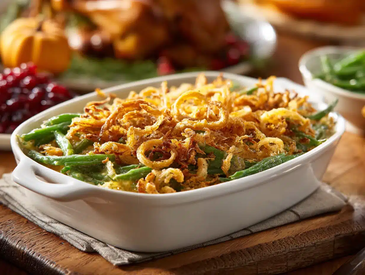 Air Fryer Green Bean Casserole with crispy topping