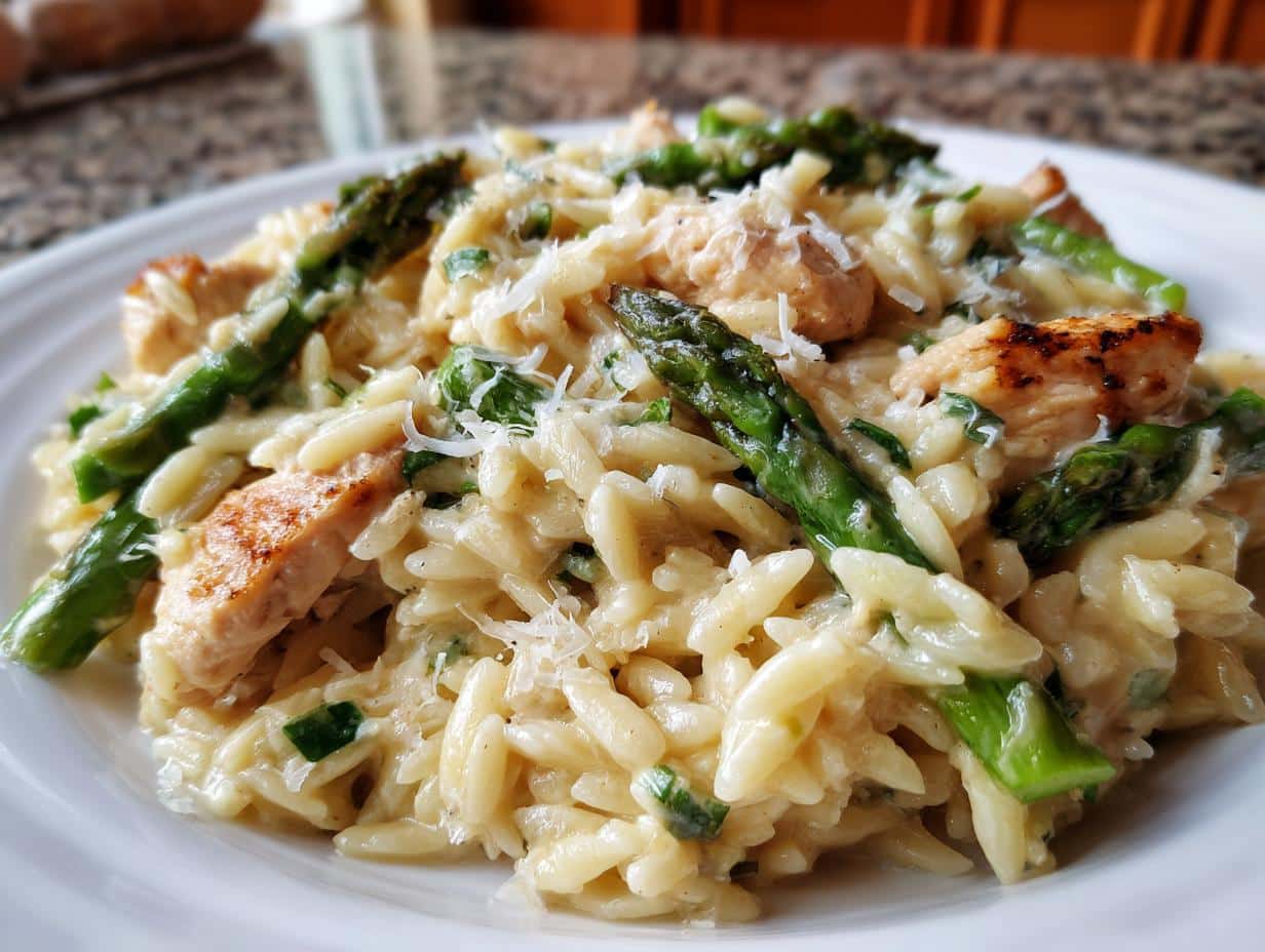 CREAMY PARMESAN ORZO WITH CHICKEN AND ASPARAGUS