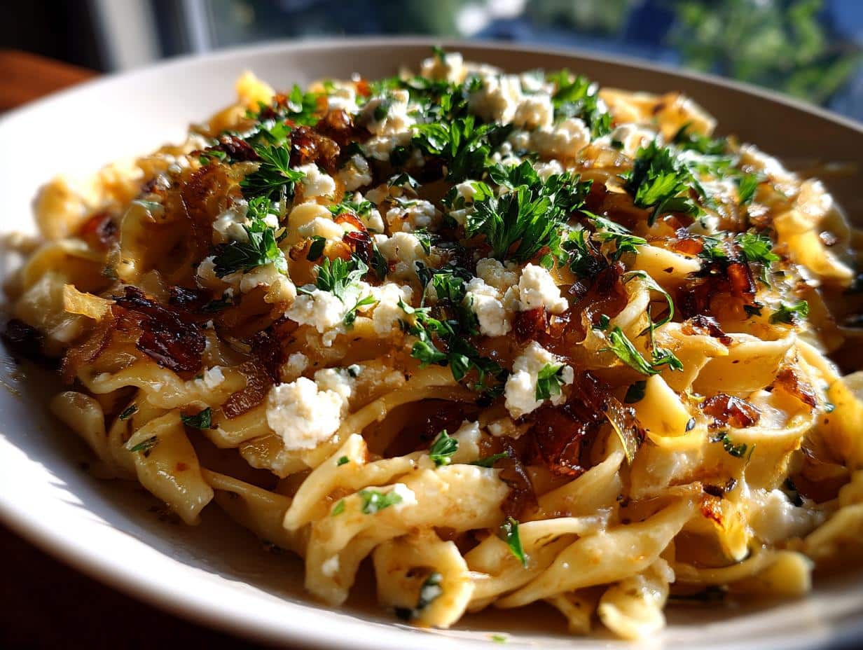 Caramelized onion feta pasta