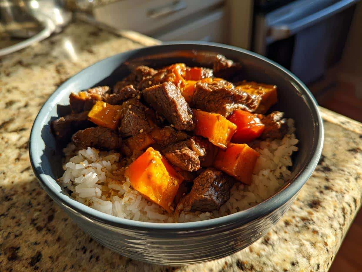 Hot Honey Sweet Potato Beef Bowl - Featured