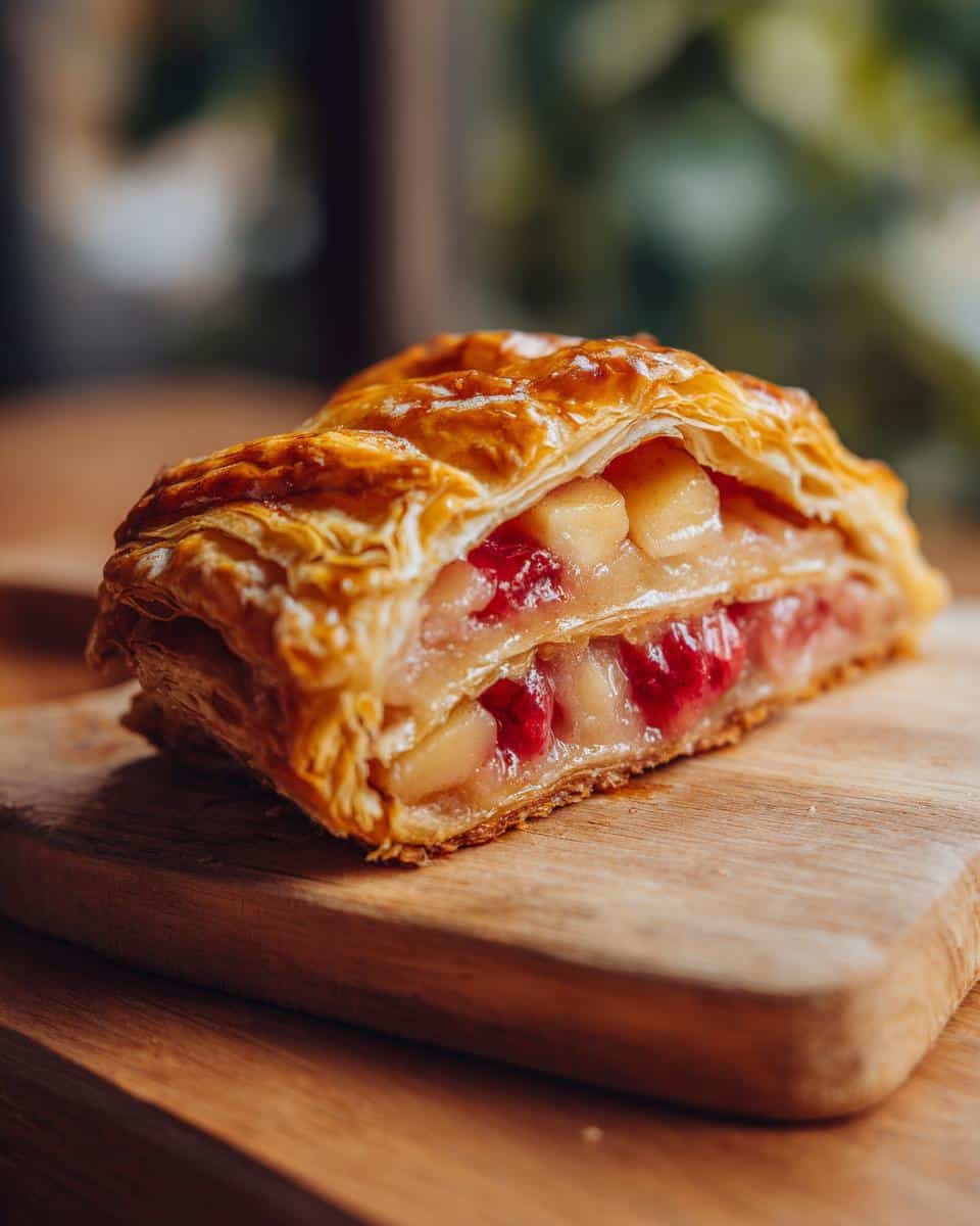Close-up of an apple and raspberry puff pastry dessert on a wooden board, showcasing flaky layers. Easy puff pastry desserts.