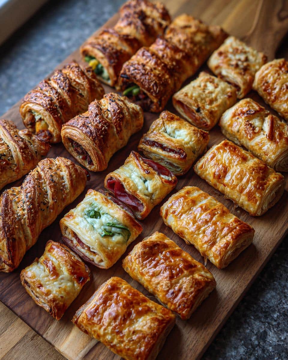 Selection of savory puff pastry ideas on a wooden board, including rolls and squares with various fillings.