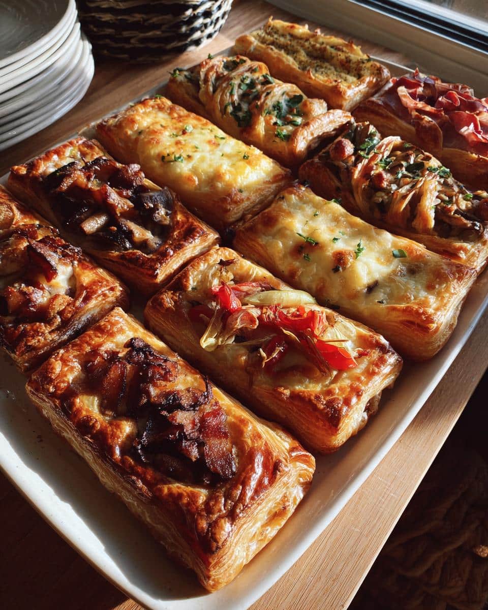 A platter of assorted puff pastry ideas, including savory toppings like cheese, mushrooms, bacon, and herbs.