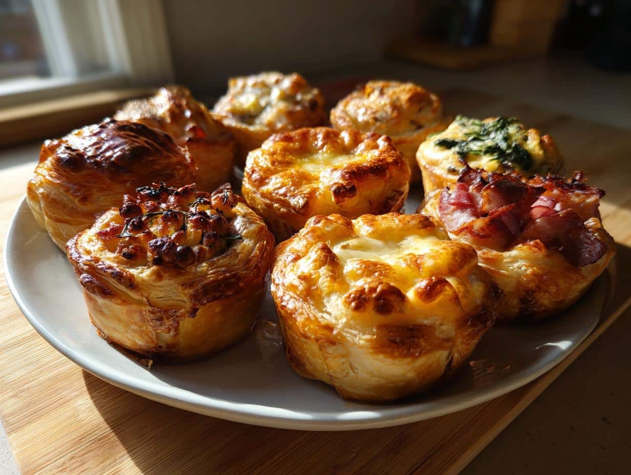 A plate of assorted puff pastry ideas, including spinach, bacon, and cheese fillings, baked to a golden brown.
