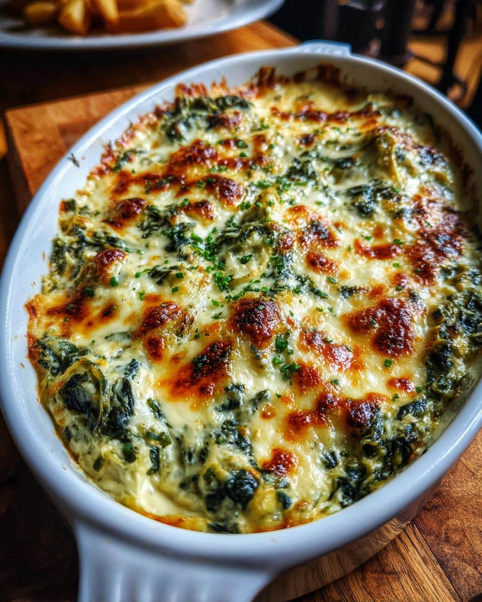Close-up of creamy spinach artichoke dip, baked and bubbly in a white oval dish, garnished with herbs.