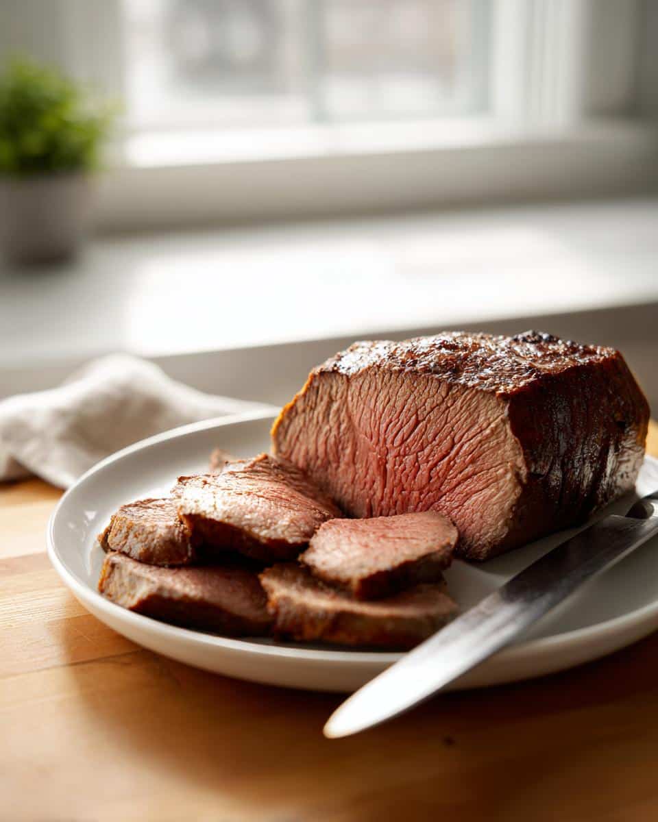 Juicy sliced beef tenderloin recipes oven cooked, served on a white plate with a knife.