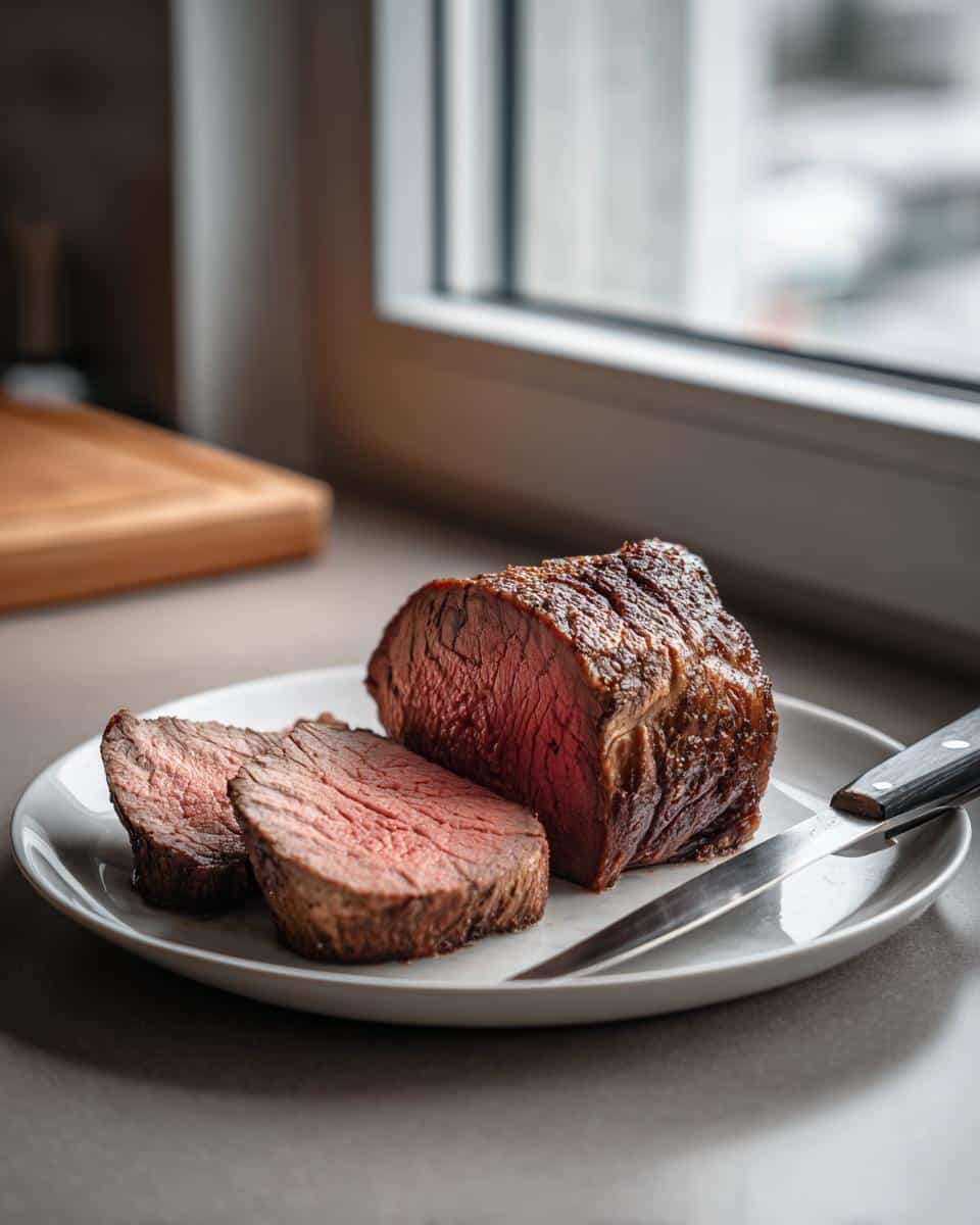 Perfectly cooked beef tenderloin recipes oven, sliced and ready to serve on a white plate with a knife.