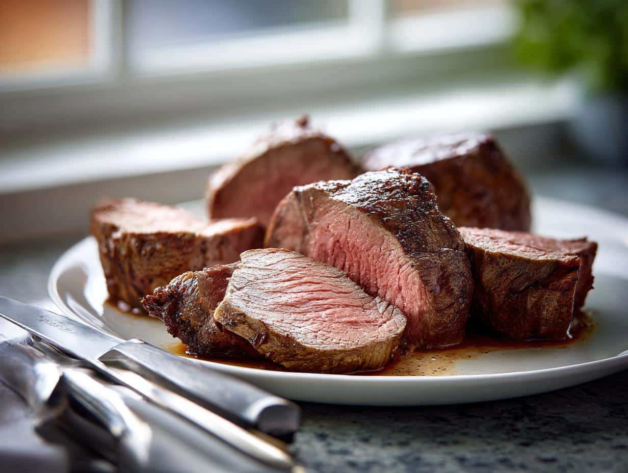 Slices of perfectly cooked beef tenderloin recipes oven, showcasing a juicy, pink center on a white plate.