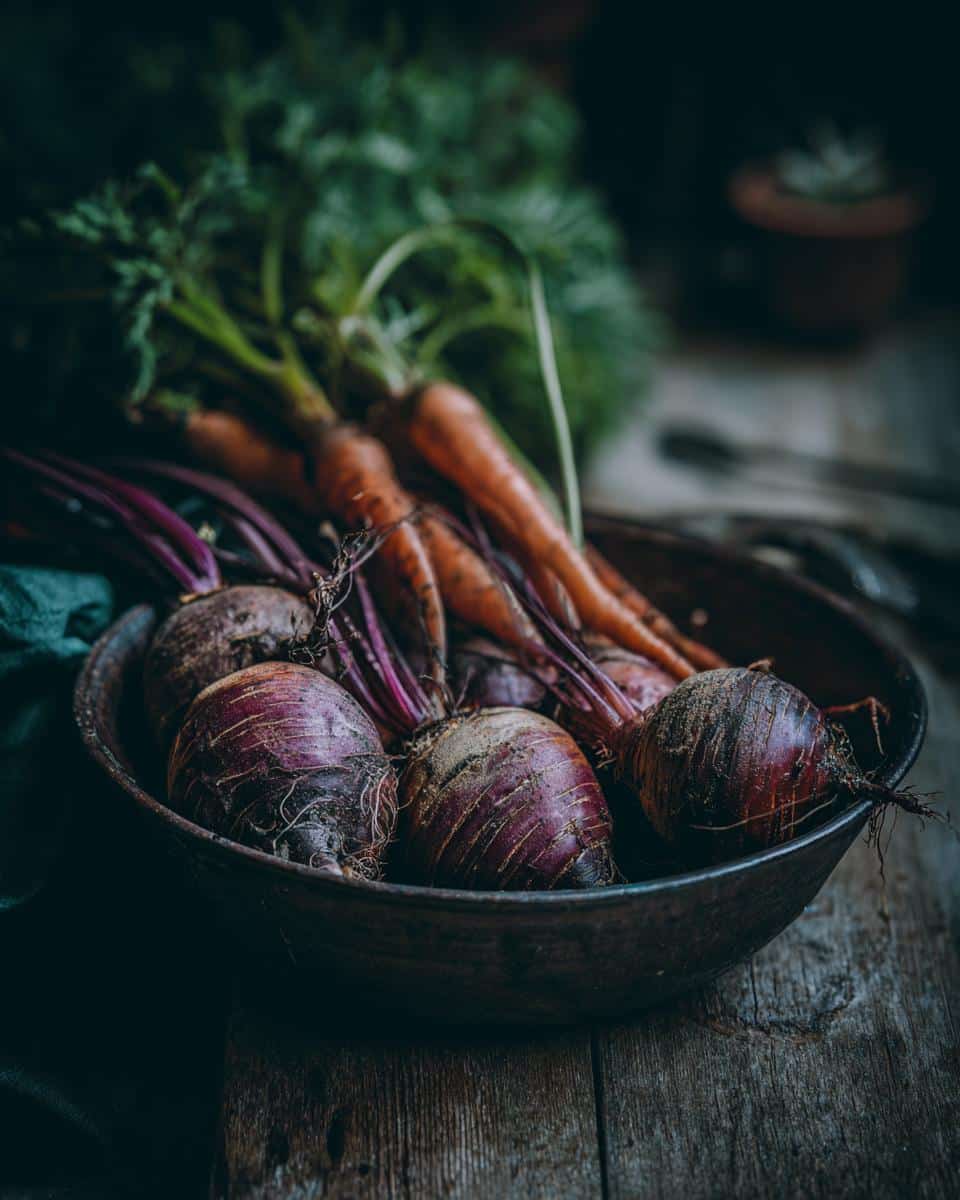 Bowl of fresh beets and carrots, ingredients for healthy winter soup recipes.