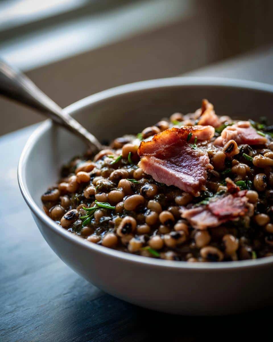 A bowl of black eyed peas recipe crock pot, garnished with ham and herbs, ready to serve.