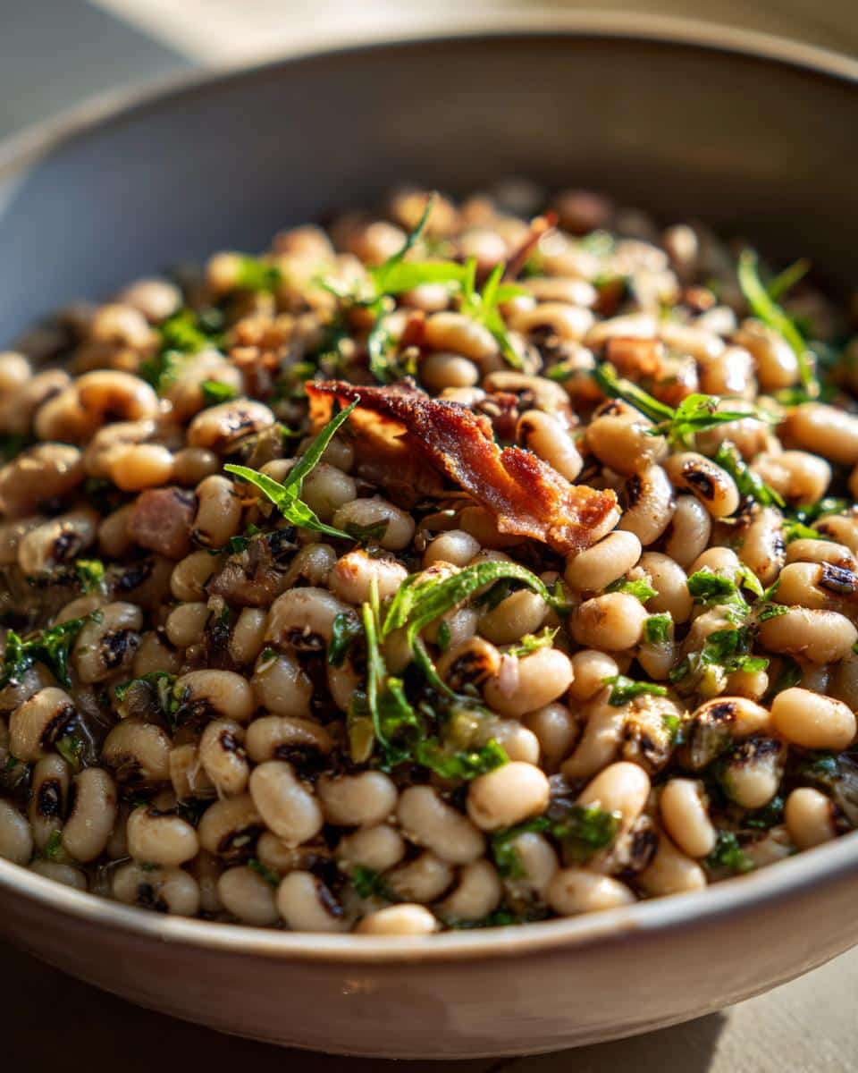 Close-up of a bowl of black eyed peas recipe crock pot, garnished with bacon and fresh herbs.