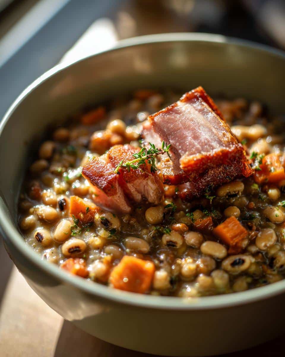 A bowl of black eyed peas recipe crock pot, garnished with ham and herbs.