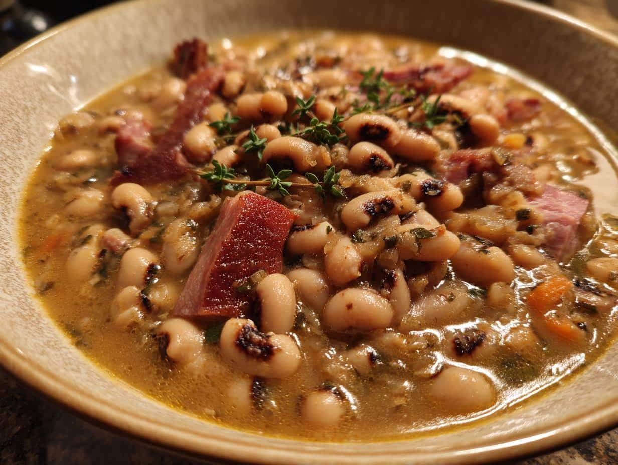 A hearty bowl of black eyed peas recipe crock pot, garnished with fresh thyme and chunks of ham.