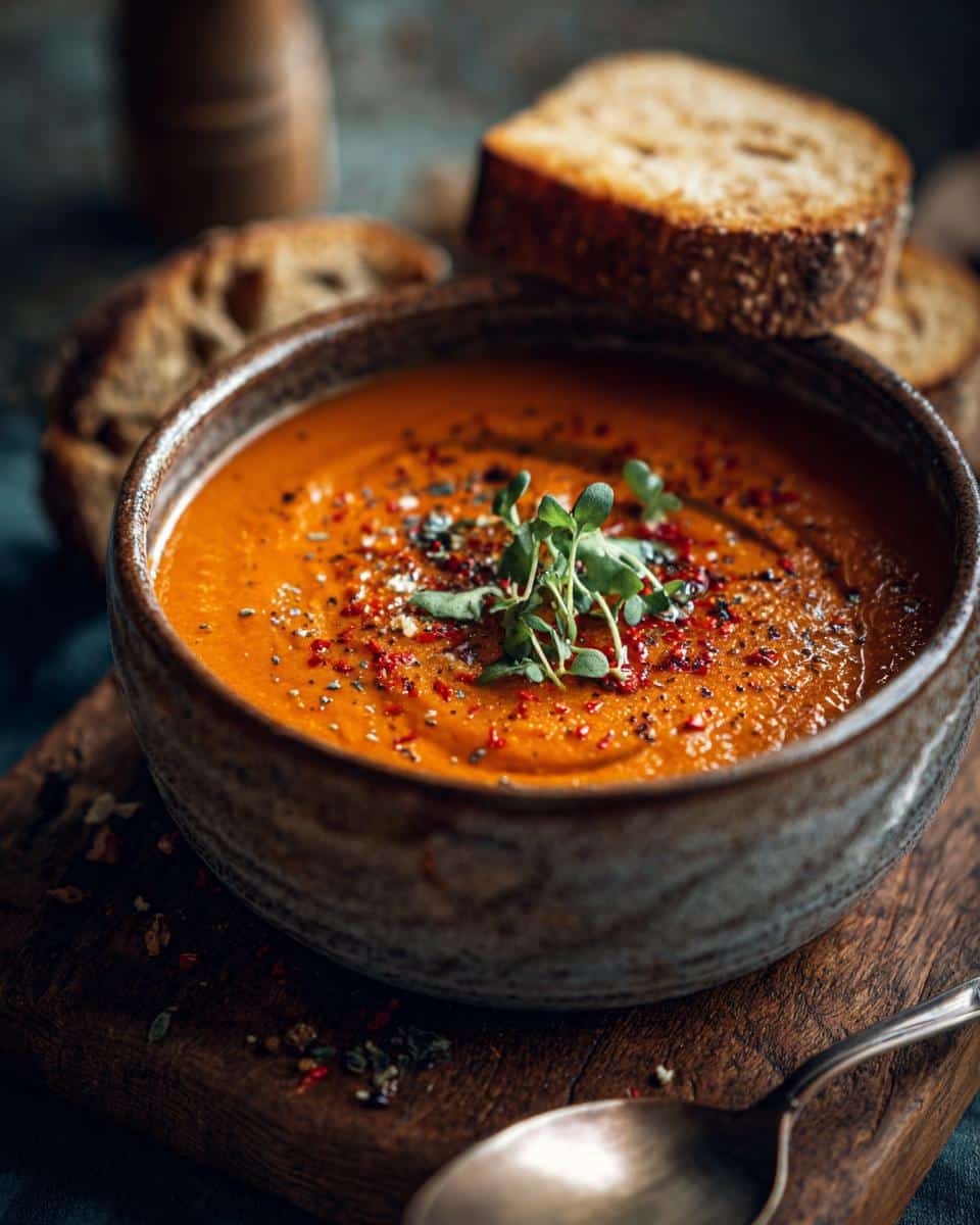 A bowl of hearty soup, garnished with herbs and spices, served with slices of toasted bread.