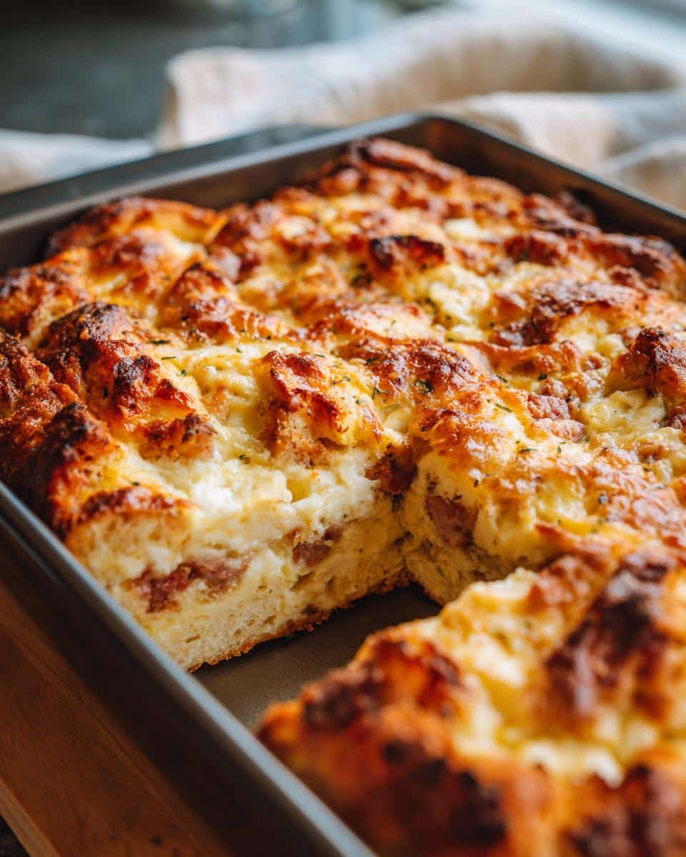 Close-up of a baked breakfast casserole with golden brown crust, sausage, and cheese in a baking pan.