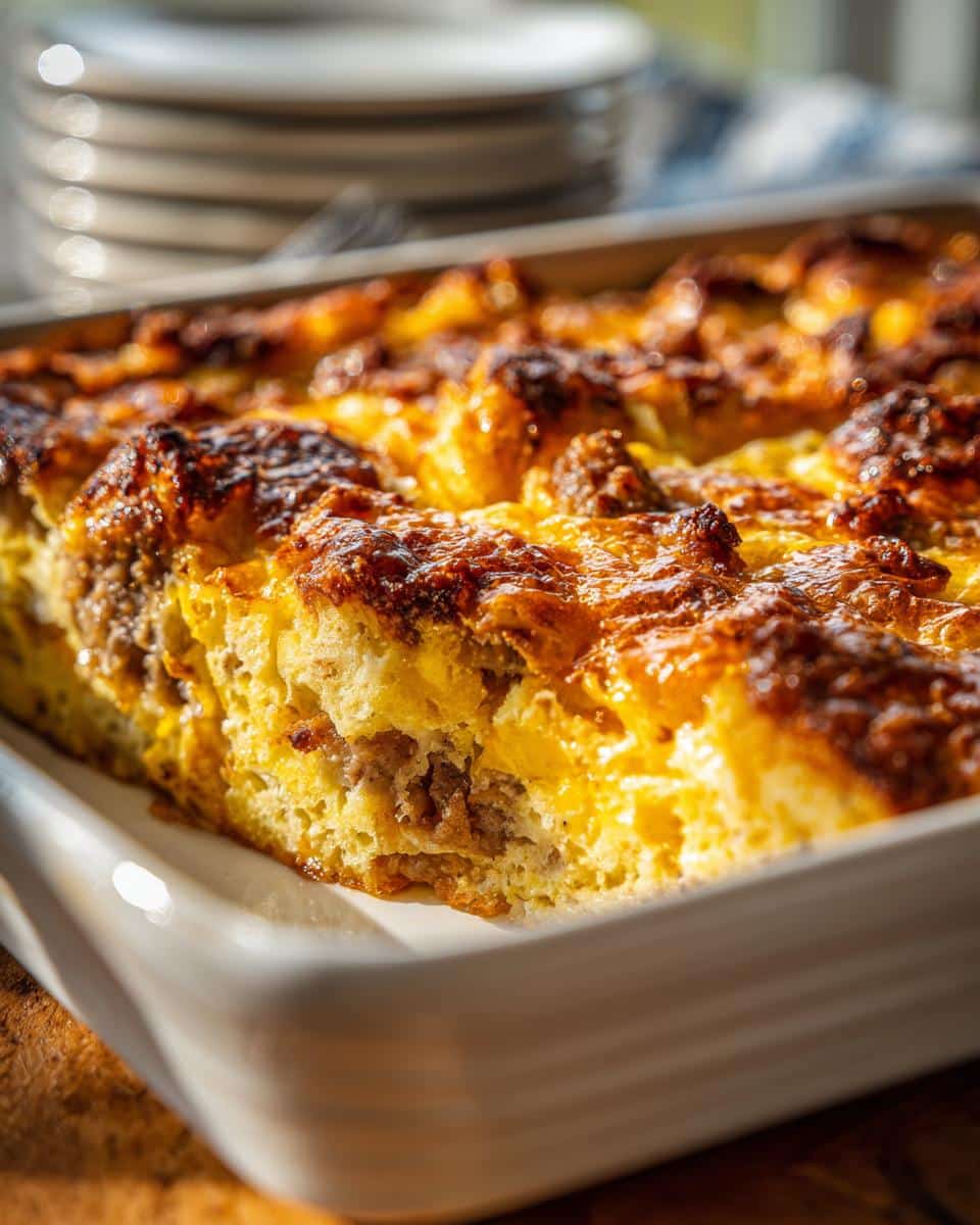 Close-up of a golden brown breakfast casserole with sausage in a white baking dish.