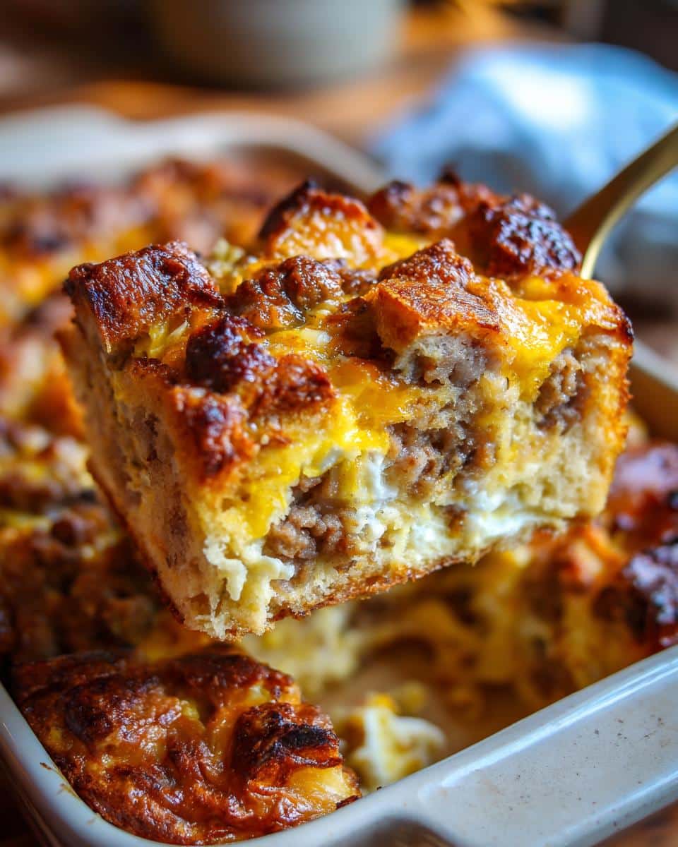 A golden slice of breakfast casserole with sausage and cheese being lifted from the baking dish.