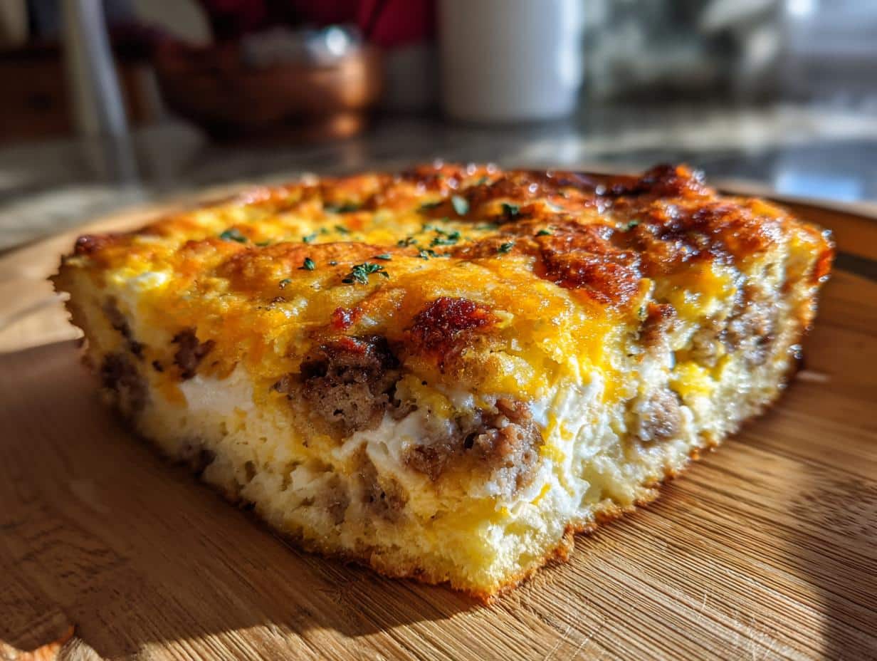 A delicious slice of breakfast casserole featuring sausage, eggs, and cheese on a wooden board.