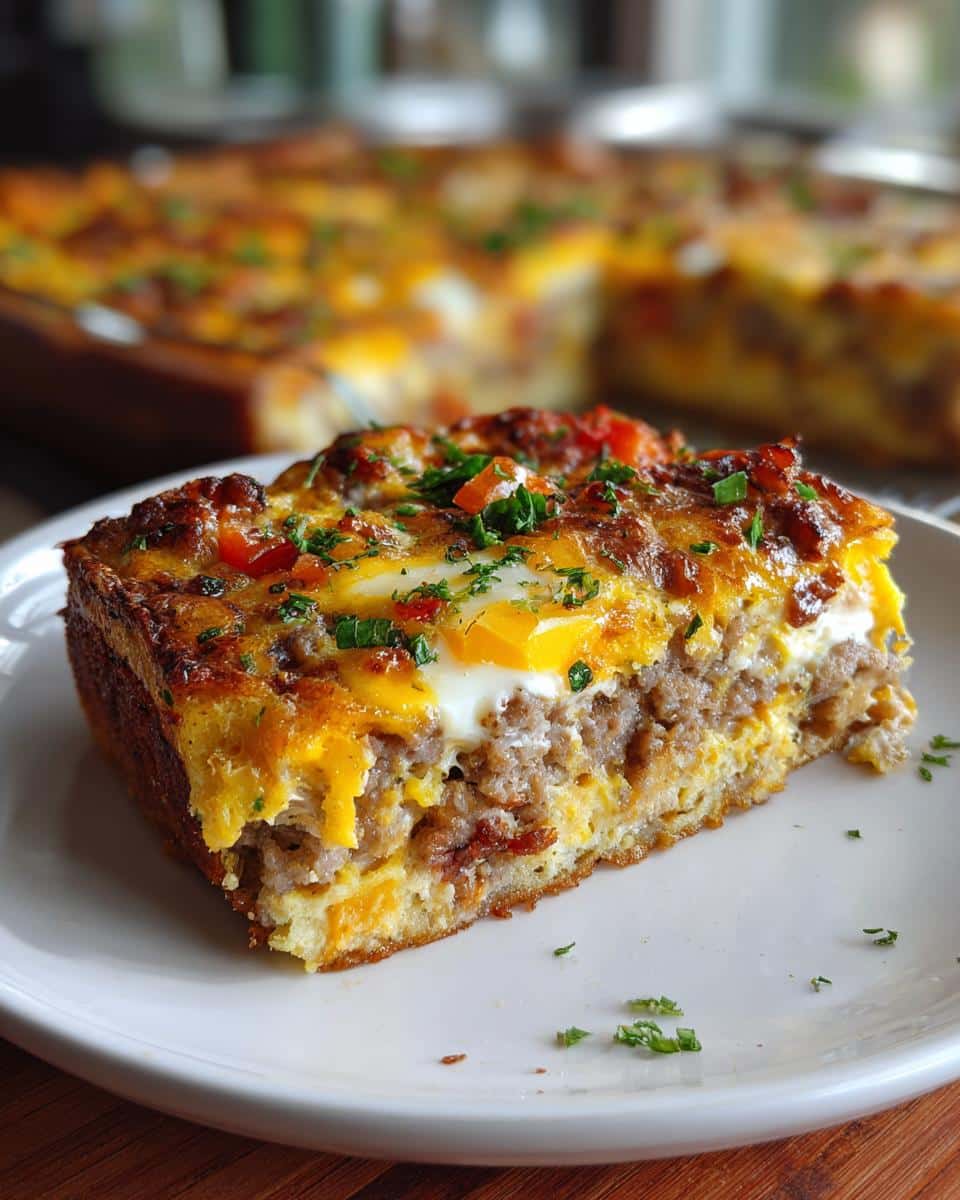 A slice of breakfast casserole on a plate, featuring eggs, sausage, cheese, and herbs.