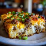 A slice of breakfast casserole with layers of egg, cheese, and sausage, topped with green onions.