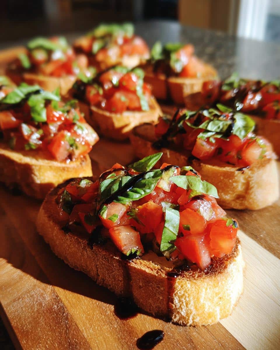 Close-up of bruschetta appetizers topped with fresh tomatoes, basil, and balsamic glaze on a wooden board.