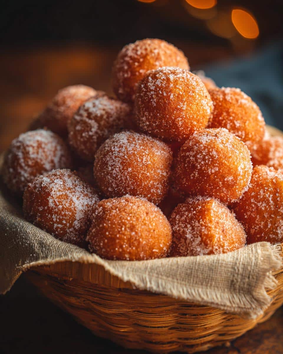 A basket filled with freshly made bunuelos recipe treats, generously coated in sugar.