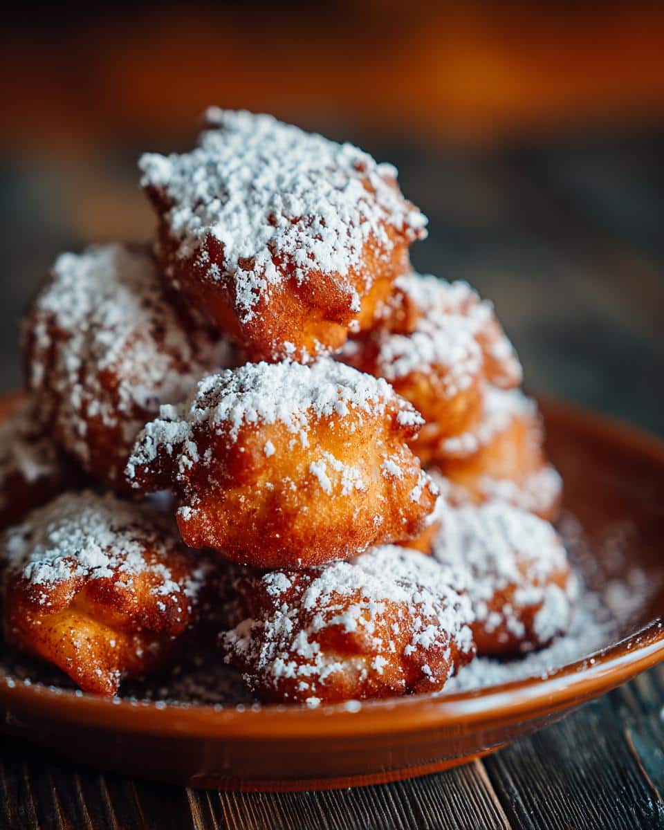 A stack of golden-brown bunuelos dusted with powdered sugar, ready to enjoy from this bunuelos recipe.