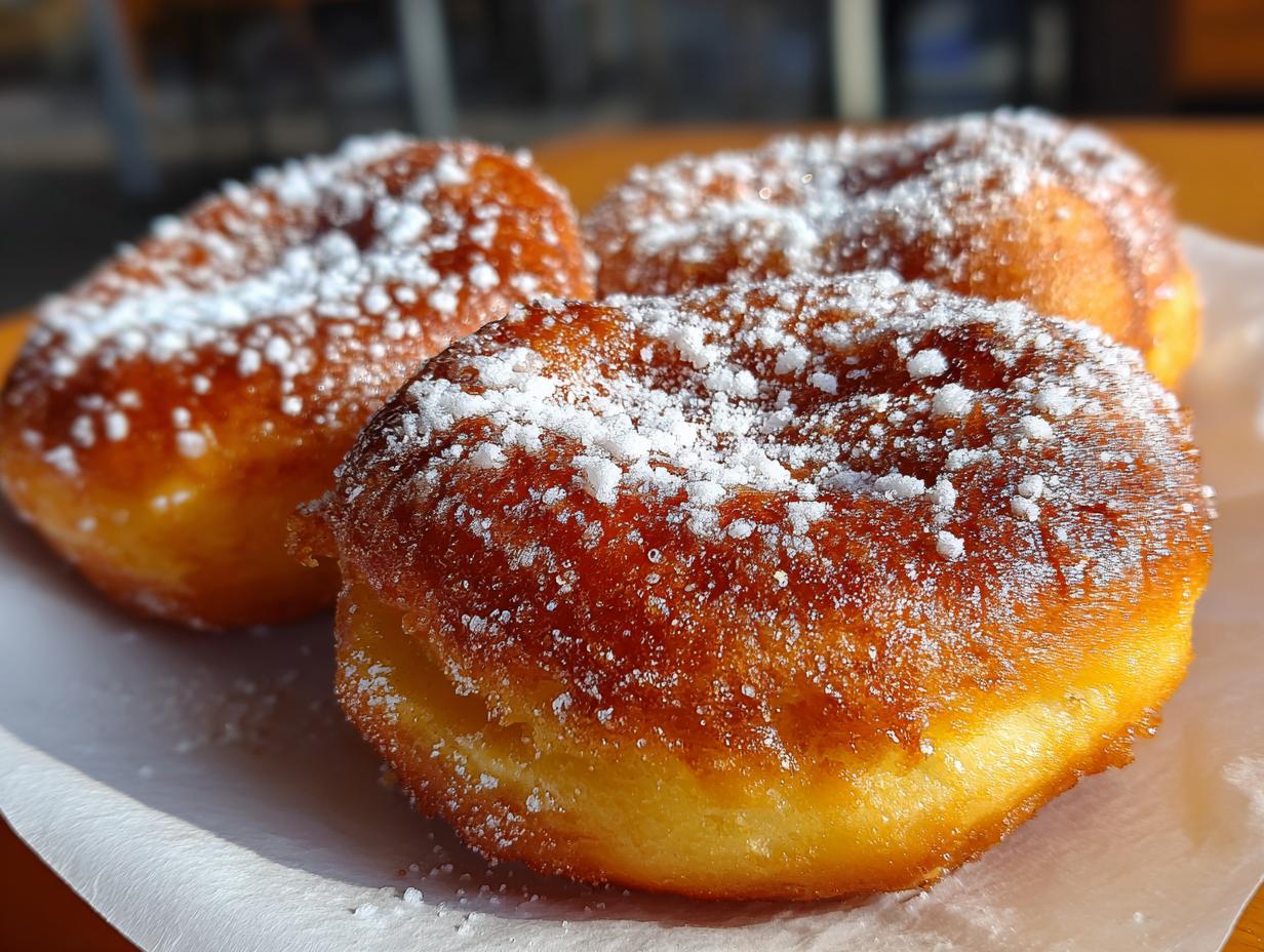 Three golden bunuelos recipe treats dusted with powdered sugar on a white paper.