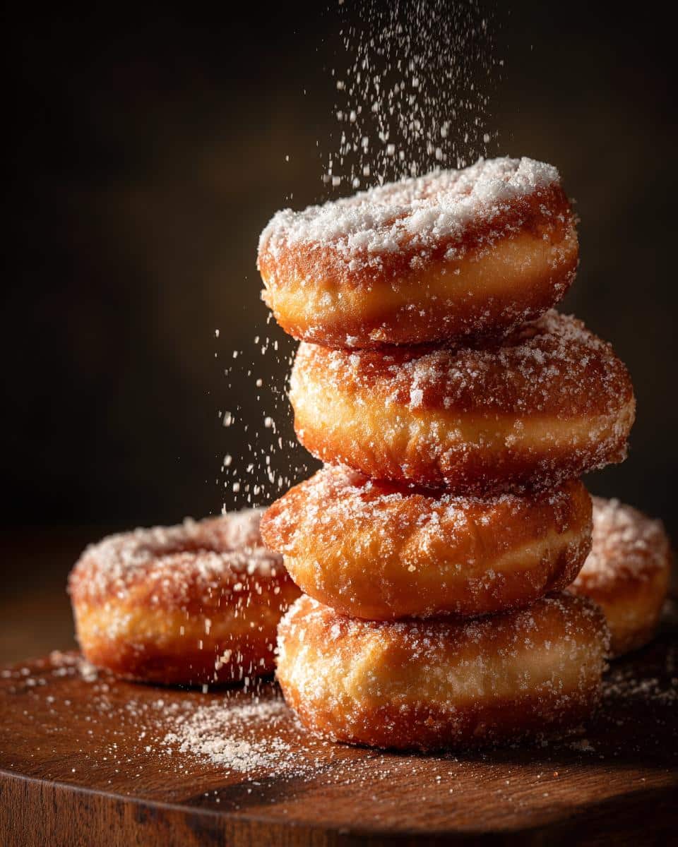 A stack of golden bunuelos recipe donuts being dusted with powdered sugar on a wooden board.
