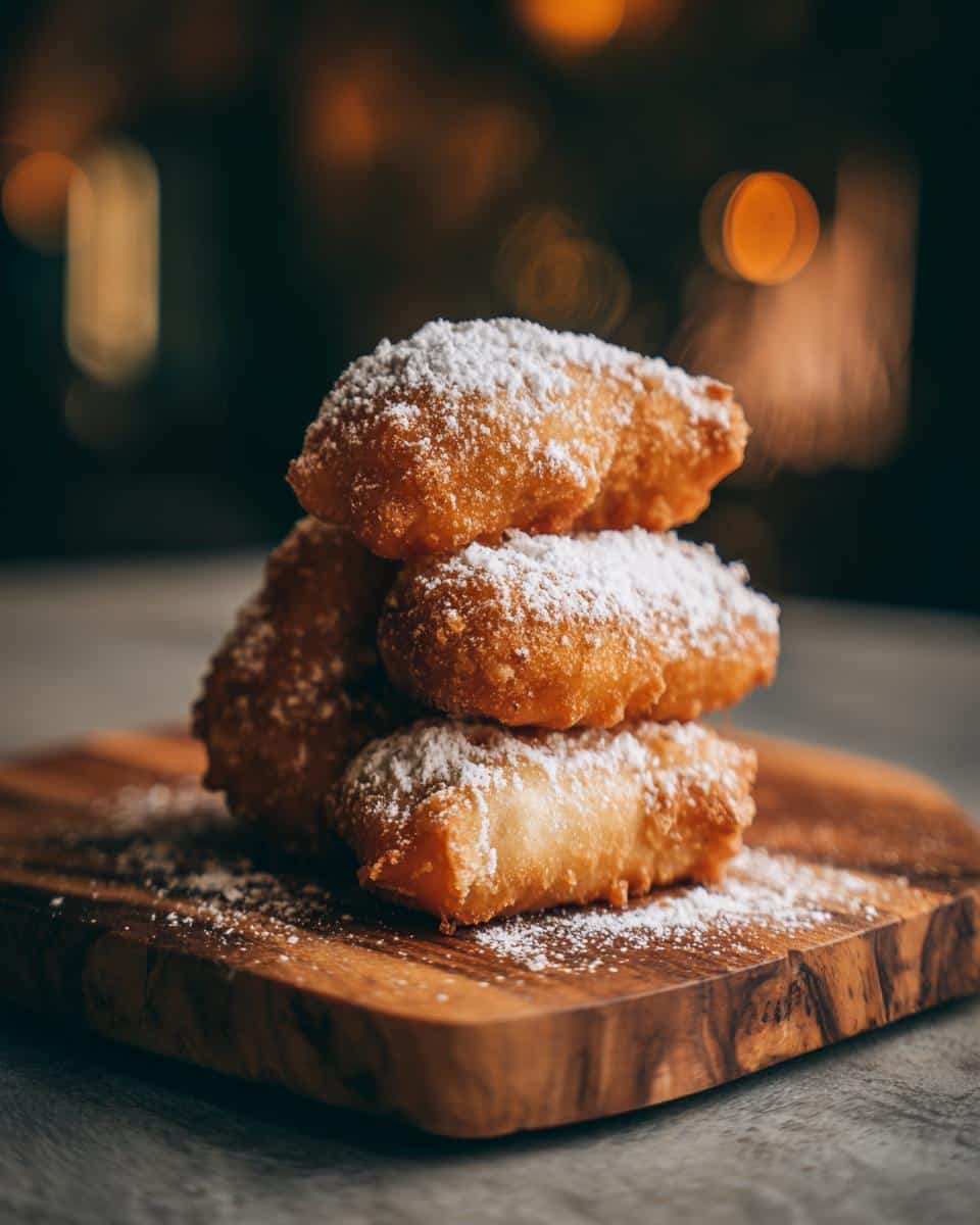 A stack of golden-brown bunuelos recipe, generously dusted with powdered sugar, on a wooden board.