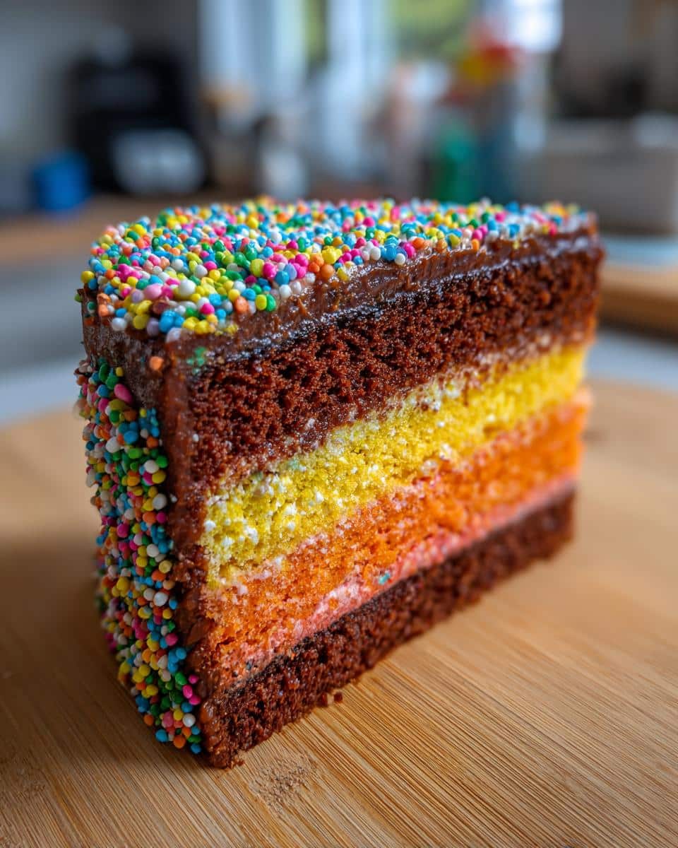 A slice of layered Capricorn cake with chocolate frosting and rainbow sprinkles.