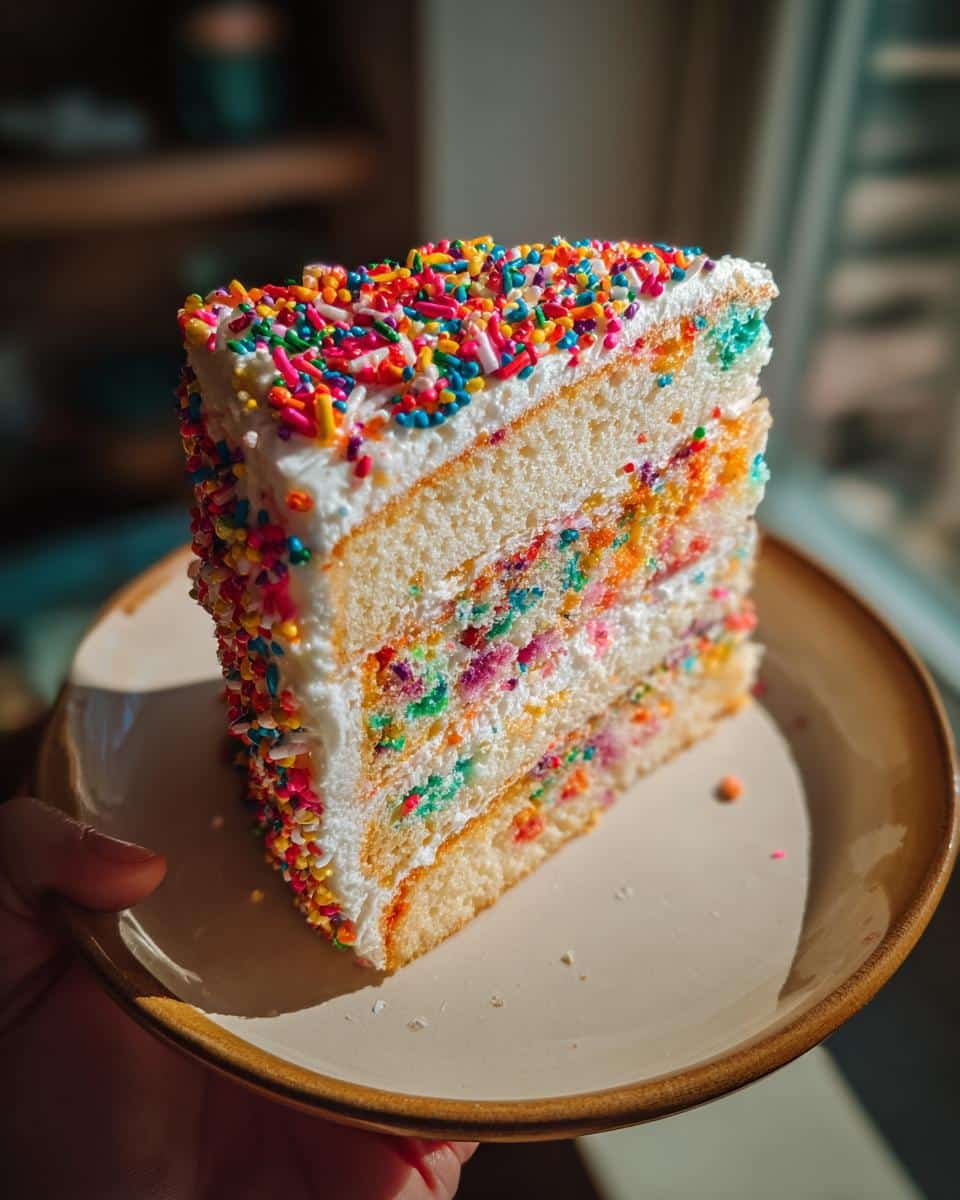 A colorful slice of Capricorn cake with white frosting and rainbow sprinkles on a plate.