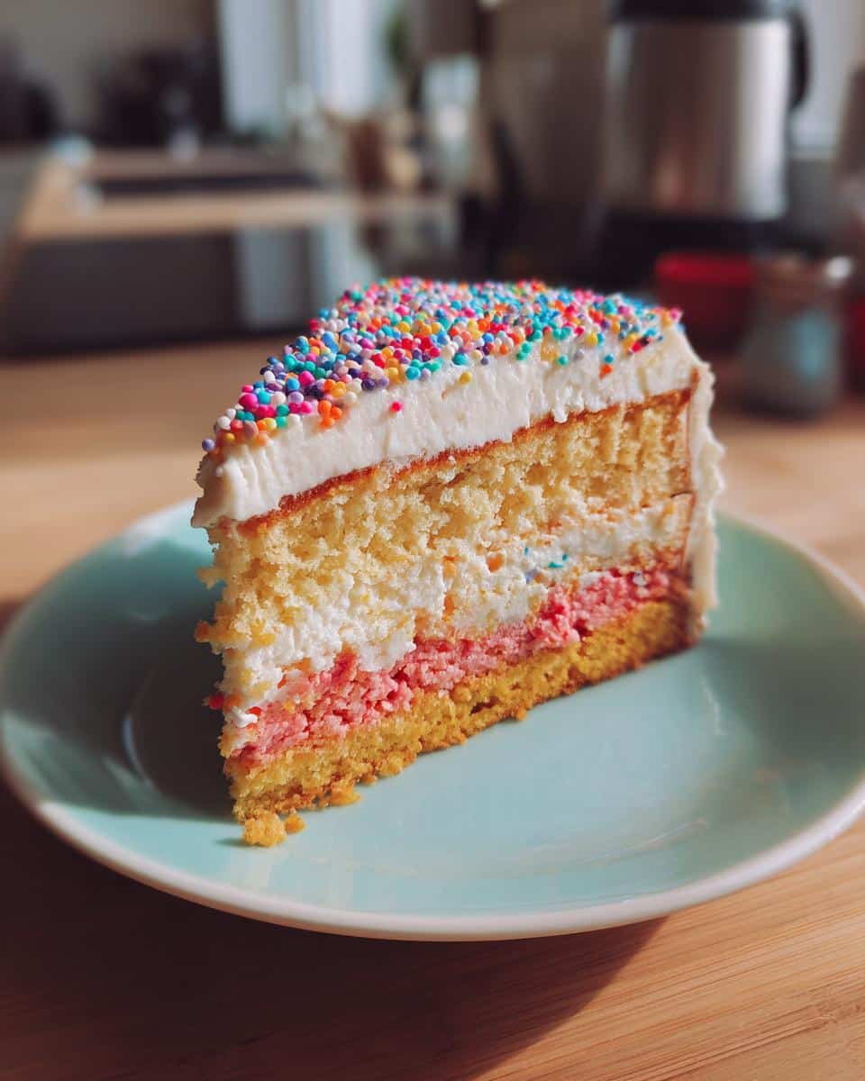 A slice of Capricorn cake with layers of yellow and pink cake, white frosting, and colorful sprinkles on a blue plate.