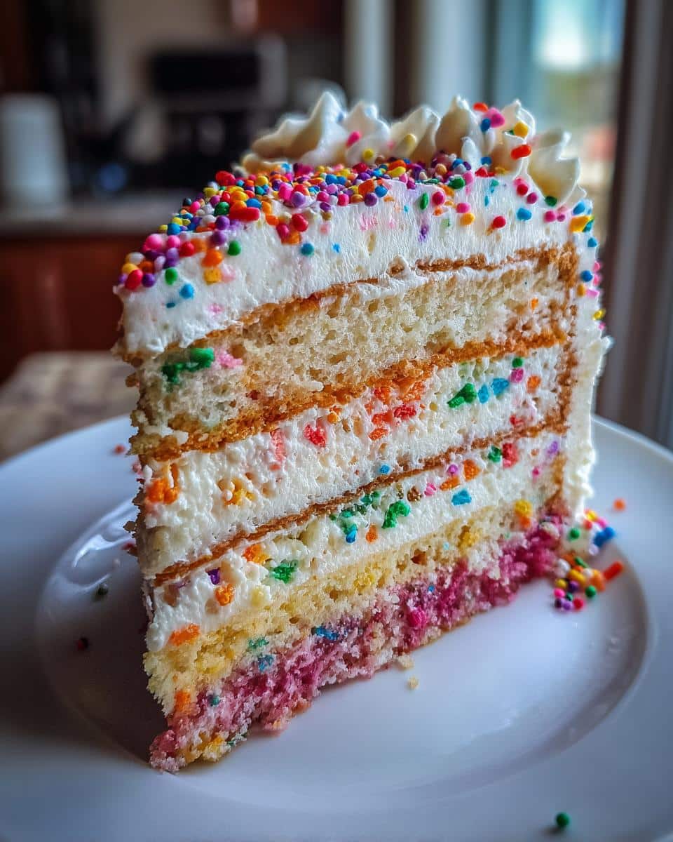 A slice of Capricorn cake featuring layers of colorful cake and frosting, topped with sprinkles.