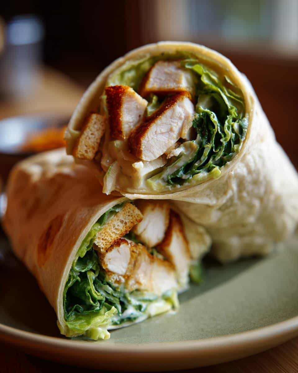A tasty Chicken Ceasar Wrap filled with chicken, lettuce, croutons, and Ceasar dressing.