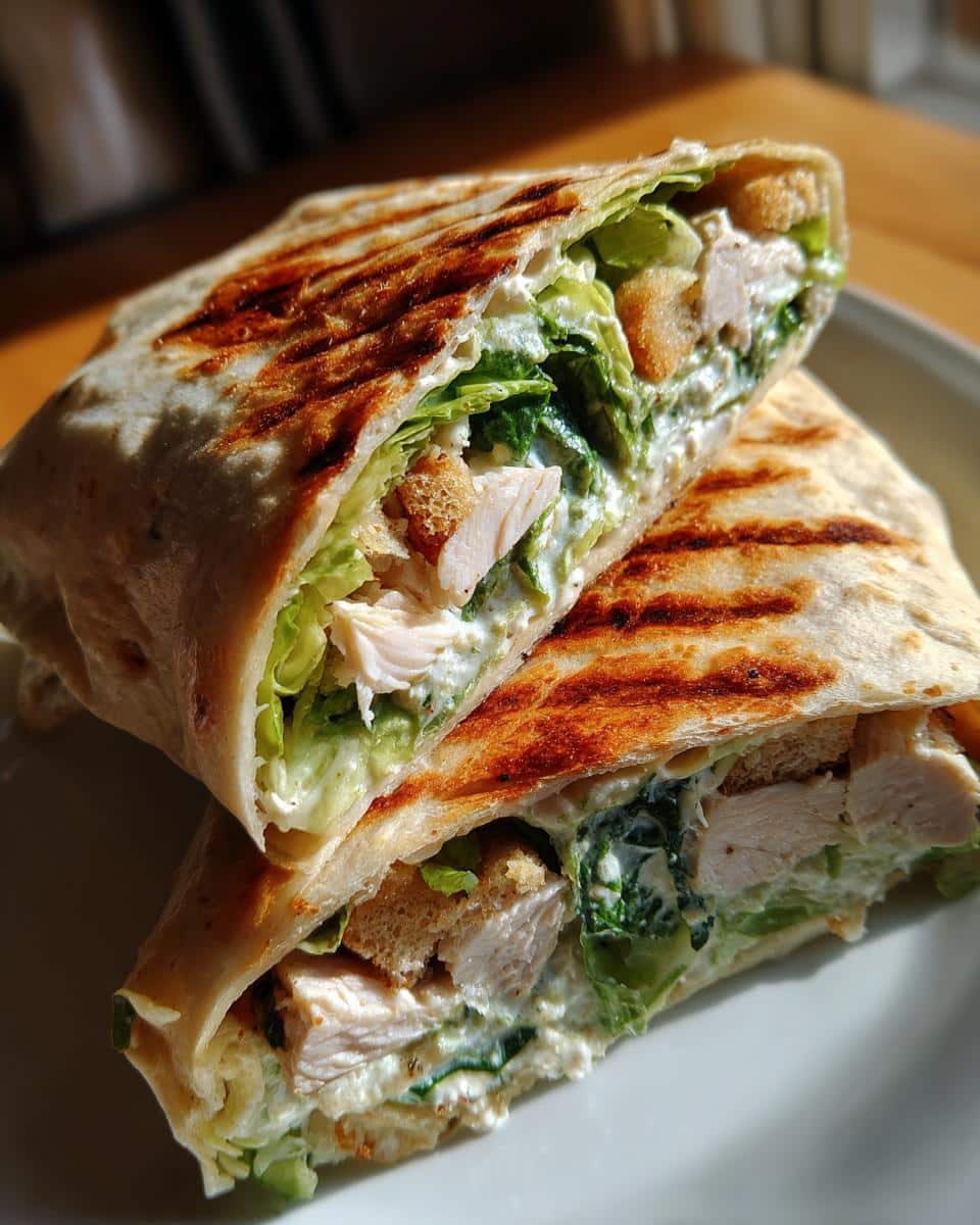 A halved chicken ceasar wrap showing grilled tortilla, chicken, lettuce, croutons, and creamy dressing.