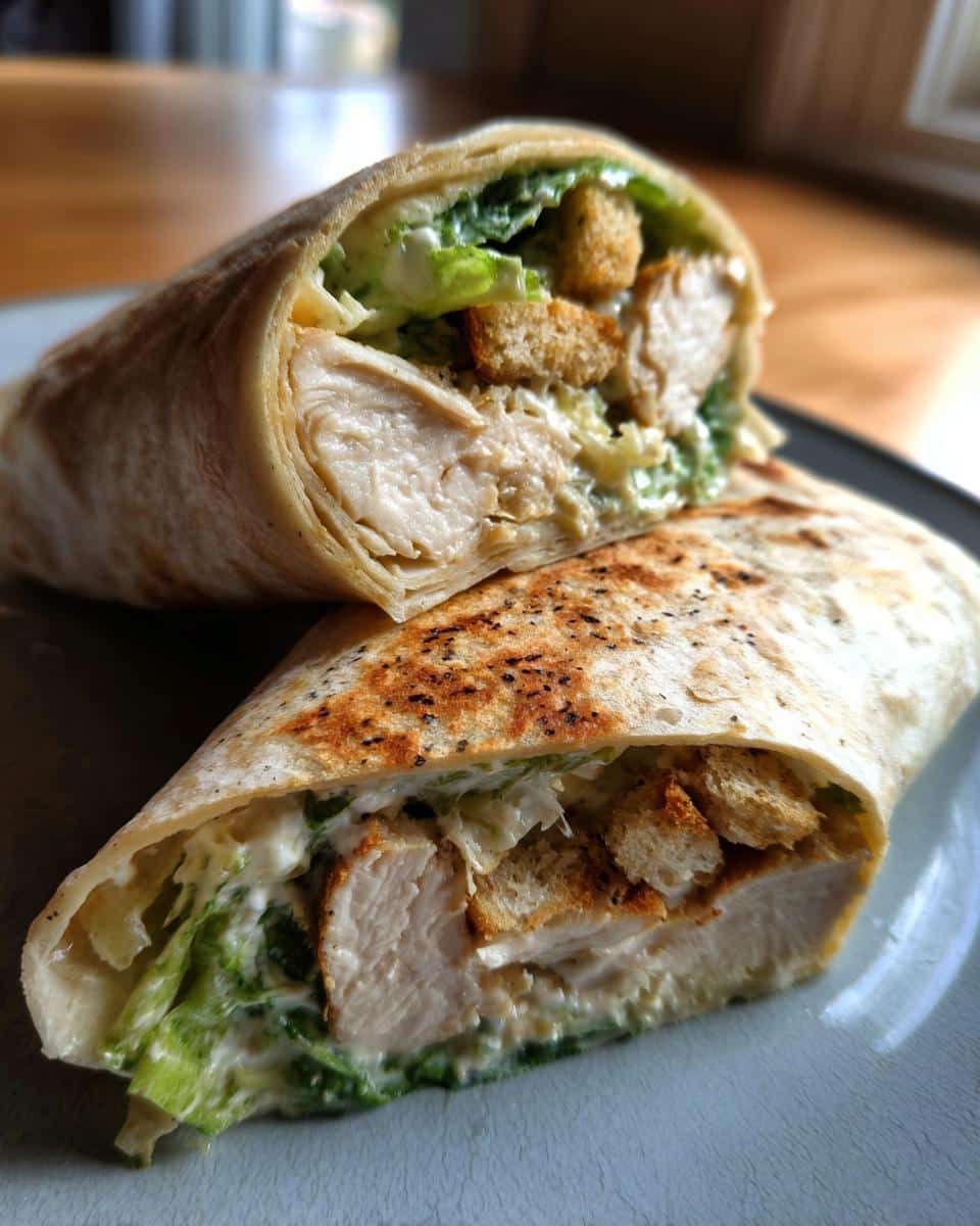 A halved chicken ceasar wrap showing chicken, lettuce, croutons, and dressing inside a tortilla.