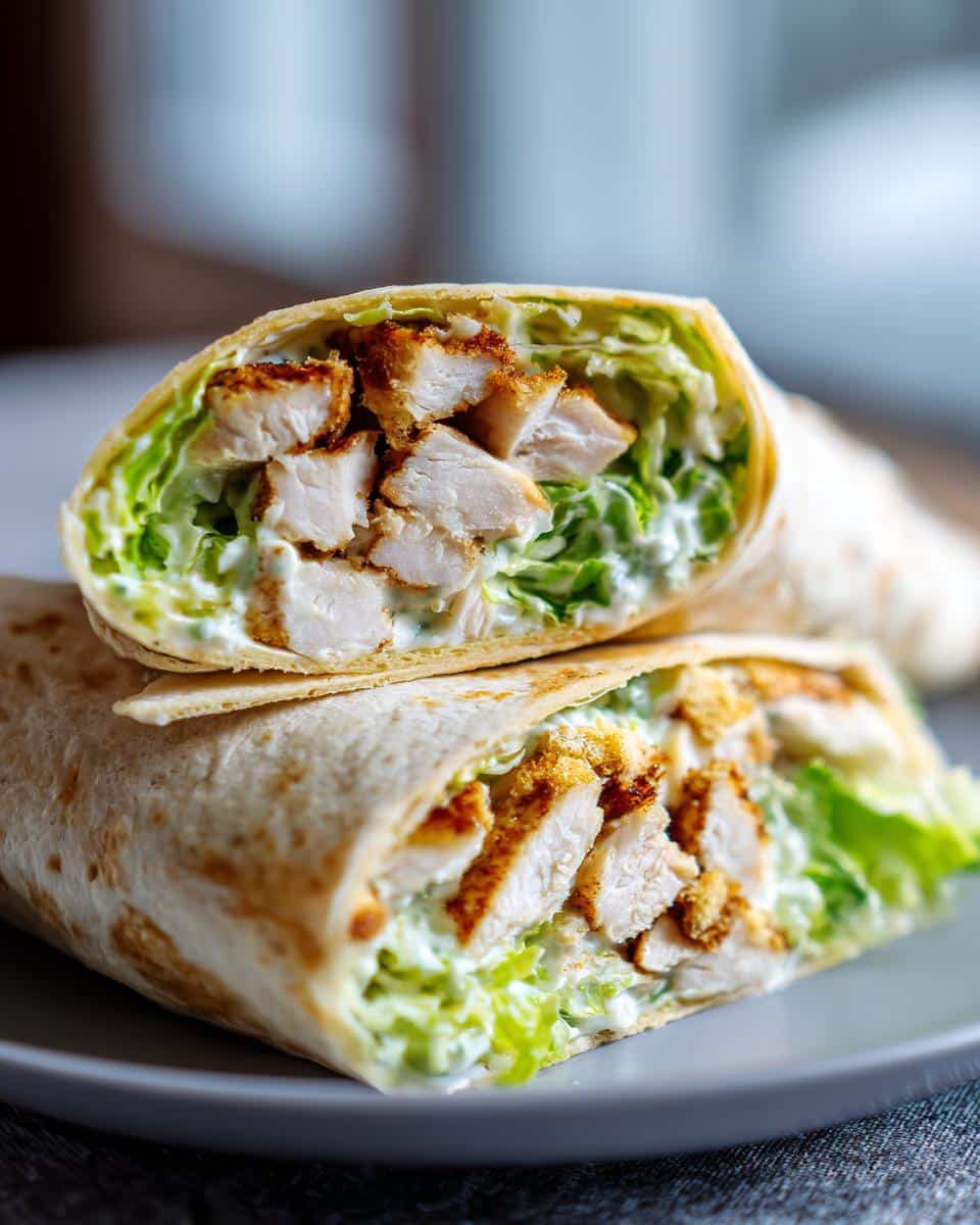 A halved chicken ceasar wrap filled with crispy chicken, lettuce, and creamy dressing.