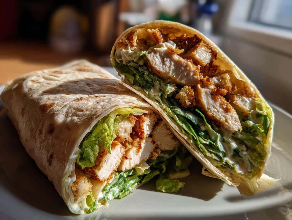 Two halves of a chicken ceasar wrap, showcasing the chicken, lettuce, dressing, and tortilla.