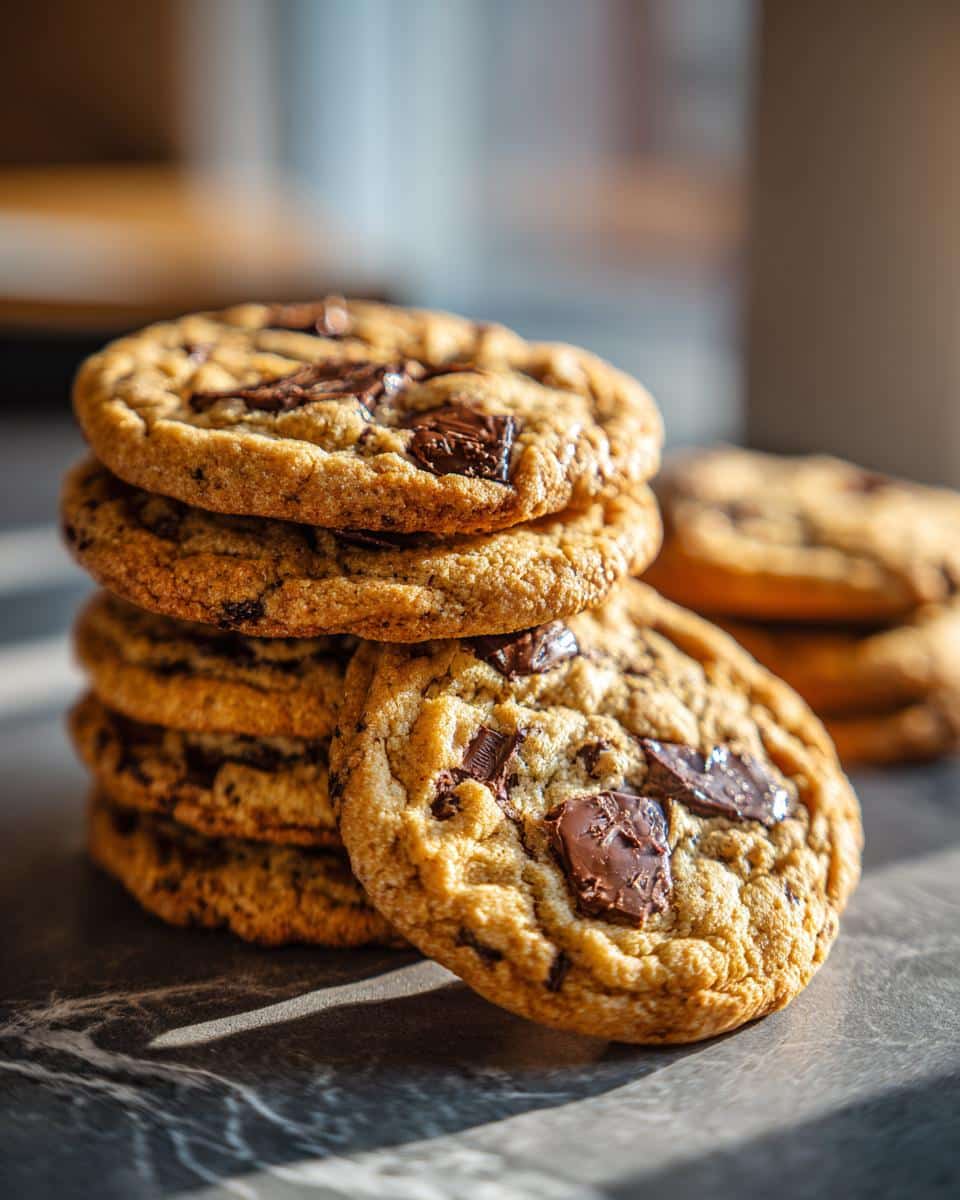 A stack of freshly baked chocolate chip cookies, showcasing their texture and melted chocolate chunks.