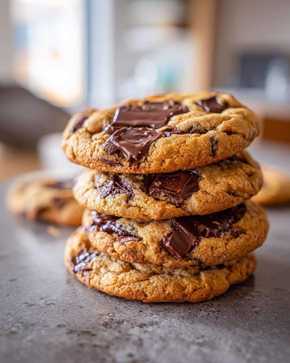 A stack of four freshly baked chocolate chip cookies with large chocolate chunks on a gray surface.
