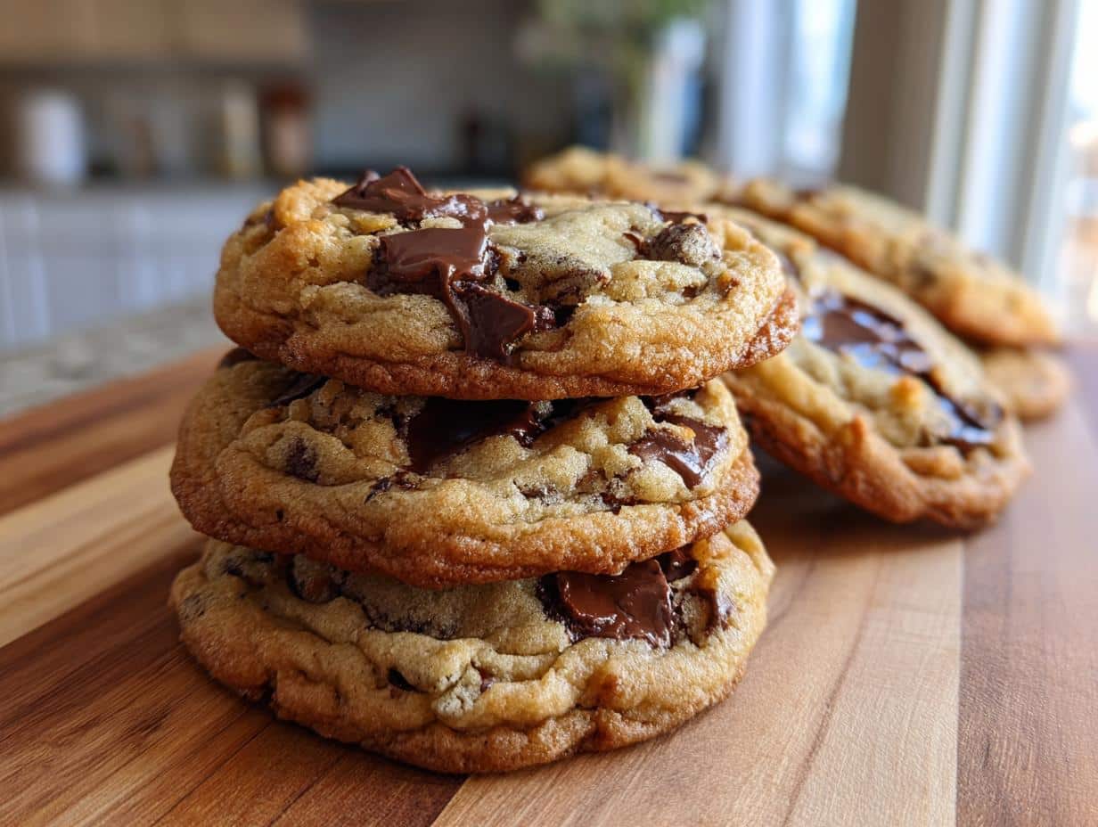 A stack of freshly baked chocolate chip cookies on a wooden board, featuring melted chocolate chunks.