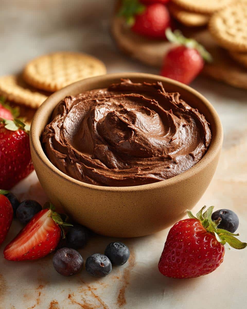 Bowl of chocolate sweet dip for parties, surrounded by strawberries, blueberries, and cookies.