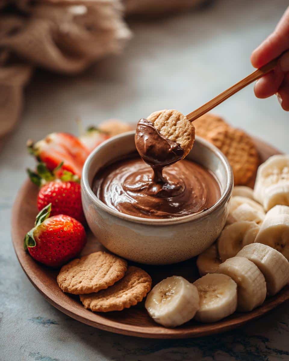 A cookie being dipped into chocolate sweet dips for parties, surrounded by strawberries and bananas.