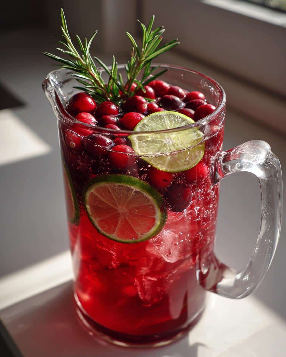 Pitcher of Christmas mocktails non alcoholic with cranberries, lime slices, and rosemary sprigs.