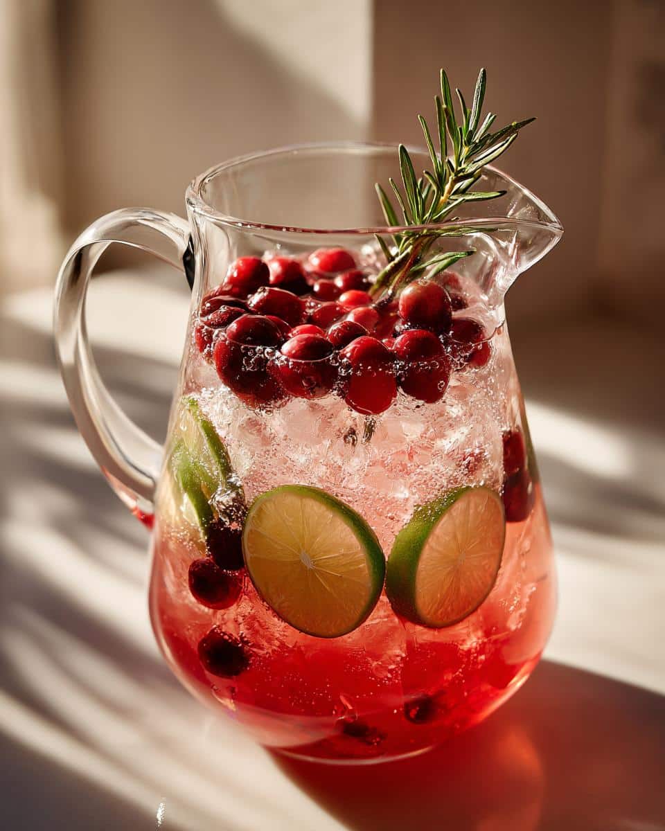 Pitcher of Christmas mocktails non alcoholic with cranberries, lime, rosemary, and ice.