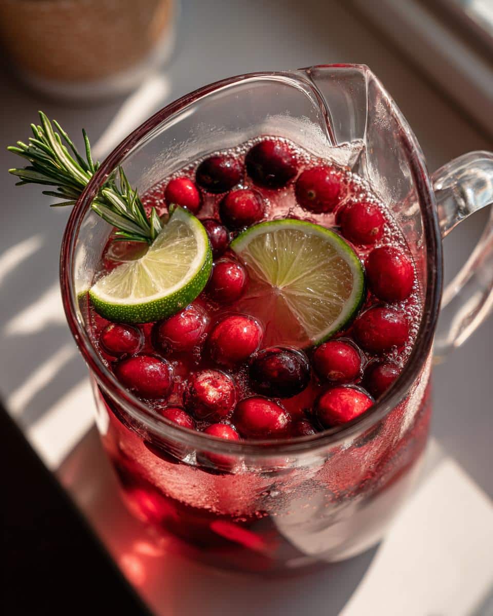 Pitcher of Christmas mocktails non alcoholic with cranberries, lime slices, and rosemary sprig garnish.