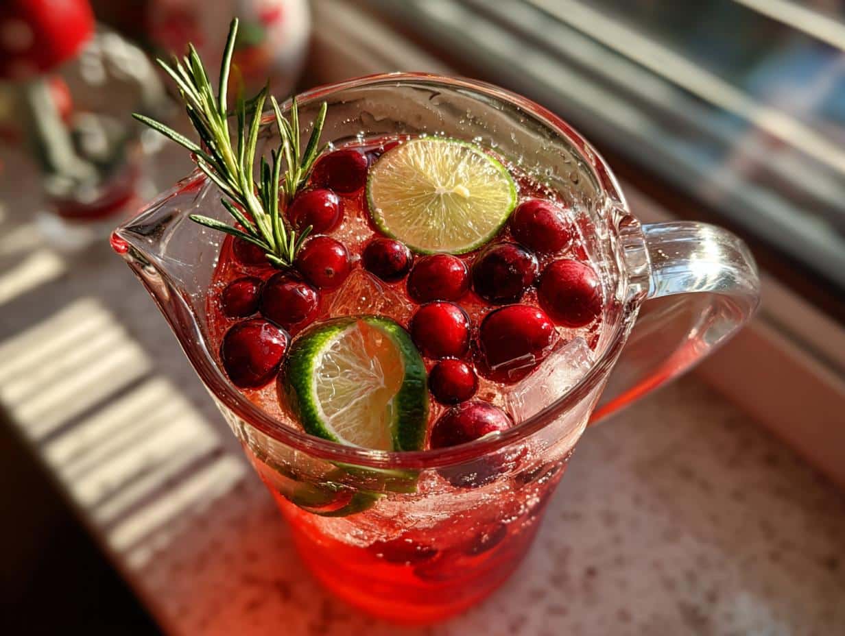 Pitcher of Christmas mocktails non alcoholic with cranberries, lime, rosemary, and ice.