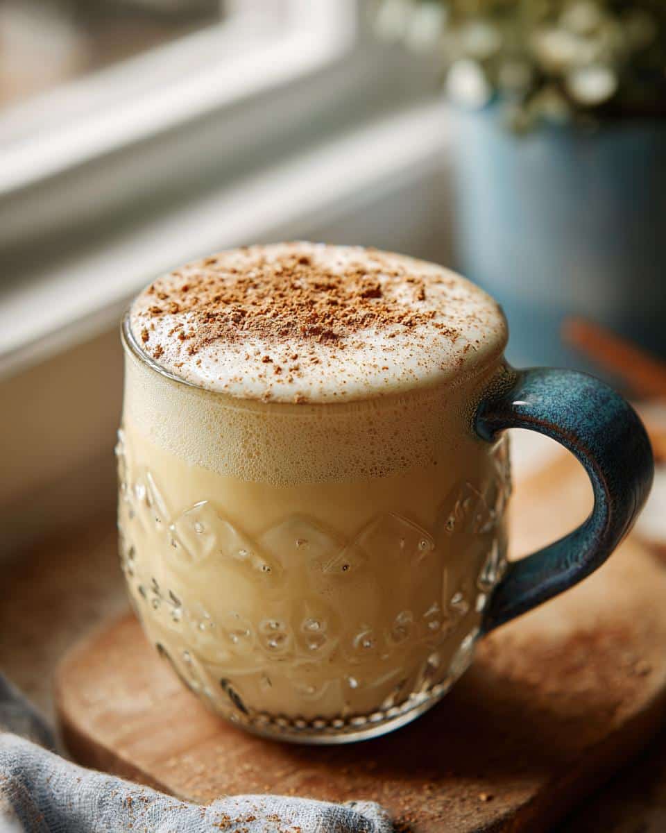 Close-up of a mug filled with creamy eggnog recipe, topped with foam and cinnamon.