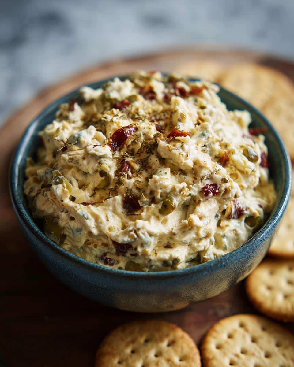 Close-up of a creamy dirty martini dip in a blue bowl, garnished with olives, sun-dried tomatoes, and herbs. Crackers surround the bowl.